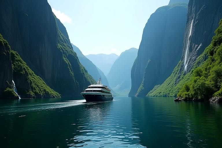 Et skip ved siden av en bratt fjellside i Geirangerfjorden.